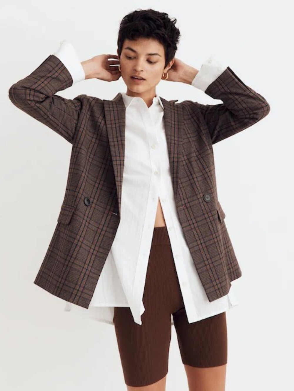 MADEWELL Caldwell Double-Breasted Blazer in Hedden Brown Plaid Oversized Size XS